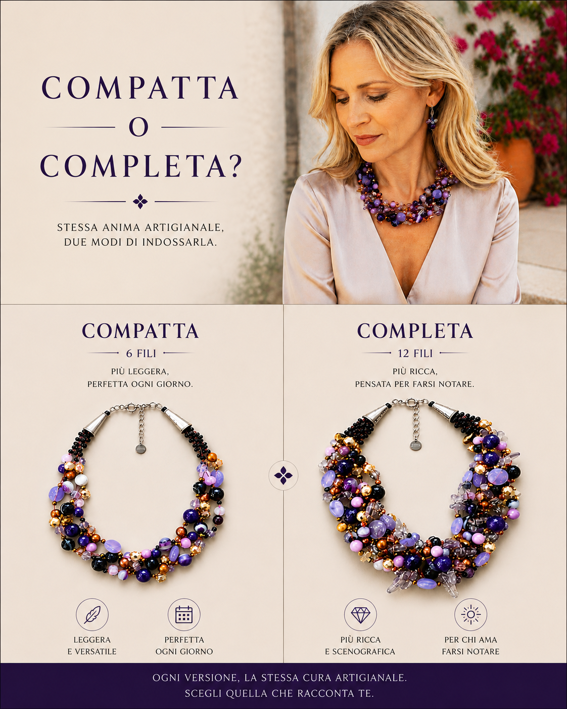 Collana Intrecciata Viola con Pietre naturali Perle e Cristalli