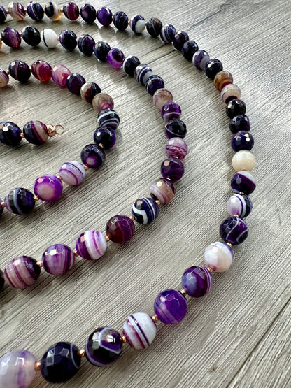 Collana lunga di Agata Viola Striata Marcassite e Argento. Artigianale 