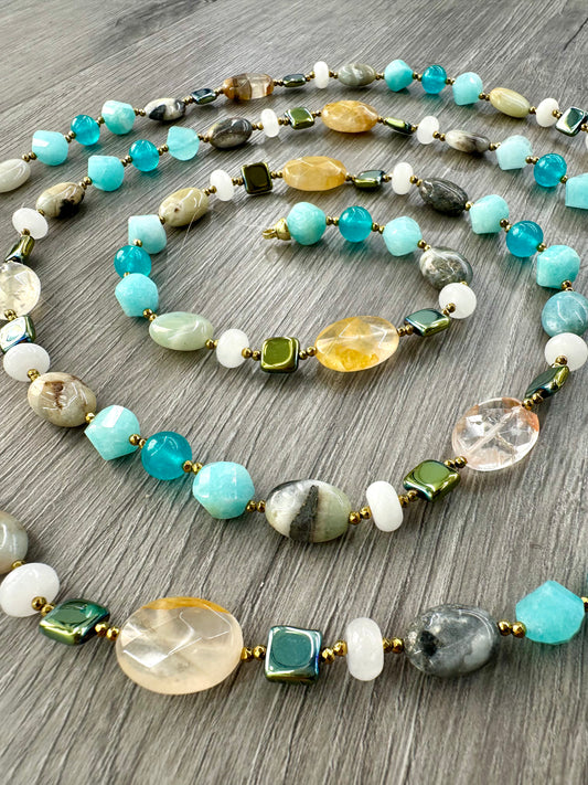 Collana in Argento con Quarzo Citrino, Amazzonite, Ematite Verde