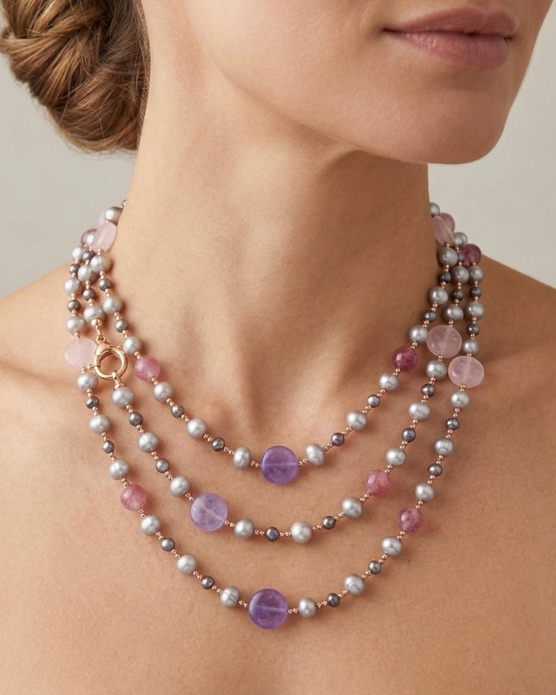 Collana Multicolore con Perle Naturali Grigie, Giada Viola  e Quarzo Rosa