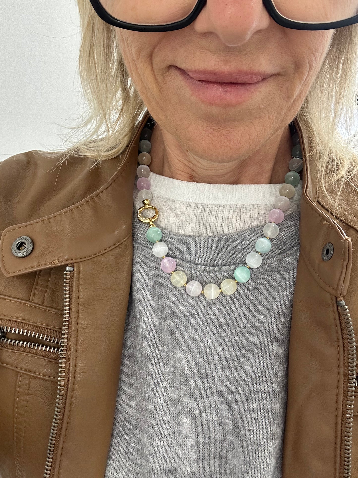 Collana di Selenite Multicolore, Ematite e Argento 925 Dorato