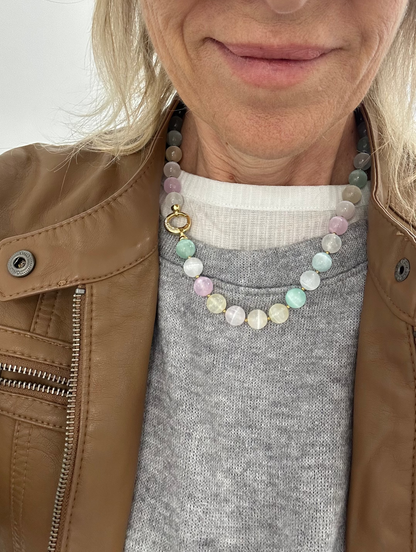 Collana di Selenite Multicolore, Ematite e Argento 925 Dorato