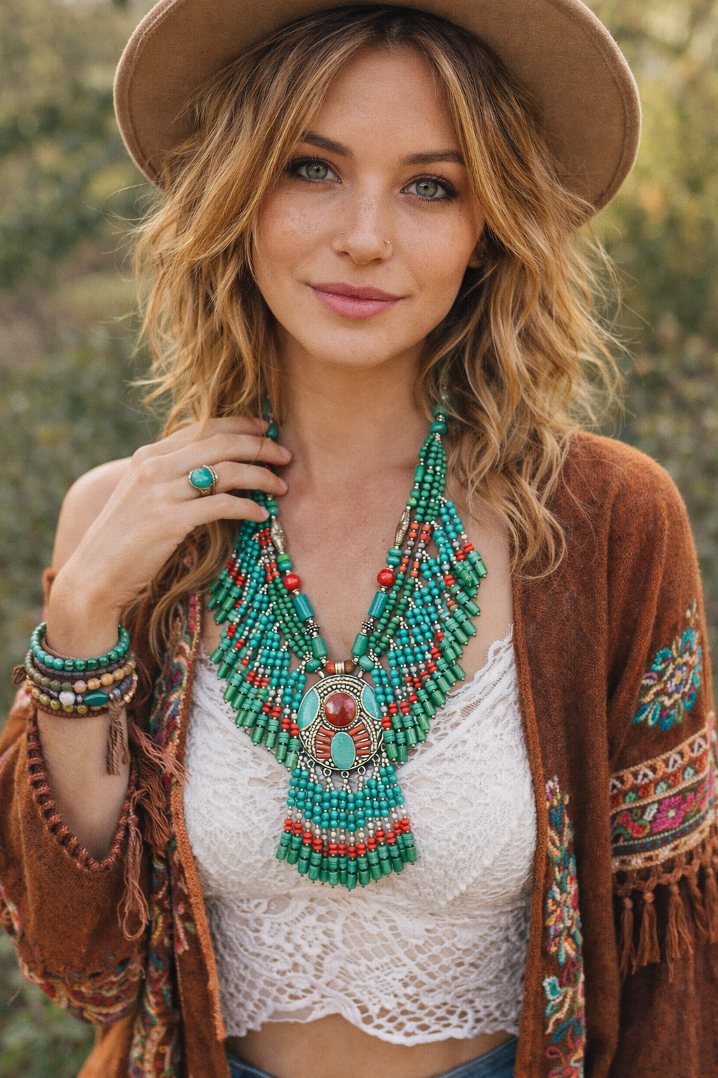 Collana Tibetana Artigianale con Pendente Ovale e Frange in Perline Verde-Turchese