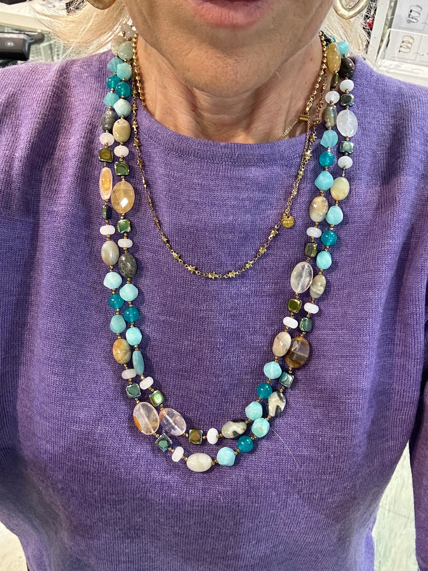 Collana in Amazzonite, Quarzo Citrino, Ematite e Argento Dorato