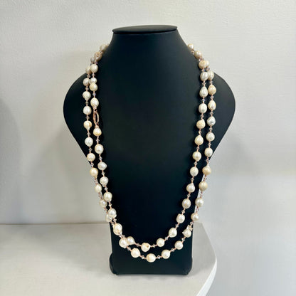 Collana Lunga di Perle Naturali e Cristalli Swarovski