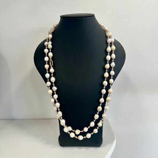 Collana Lunga di Perle Naturali e Cristalli Swarovski