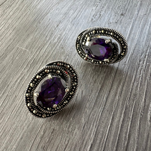 Orecchini Vintage in Argento 925 con Ametista e Marcassite