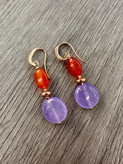 Collana in Giada Viola, Giada Arancio e Corniola con Perle ed Ematite Rosata