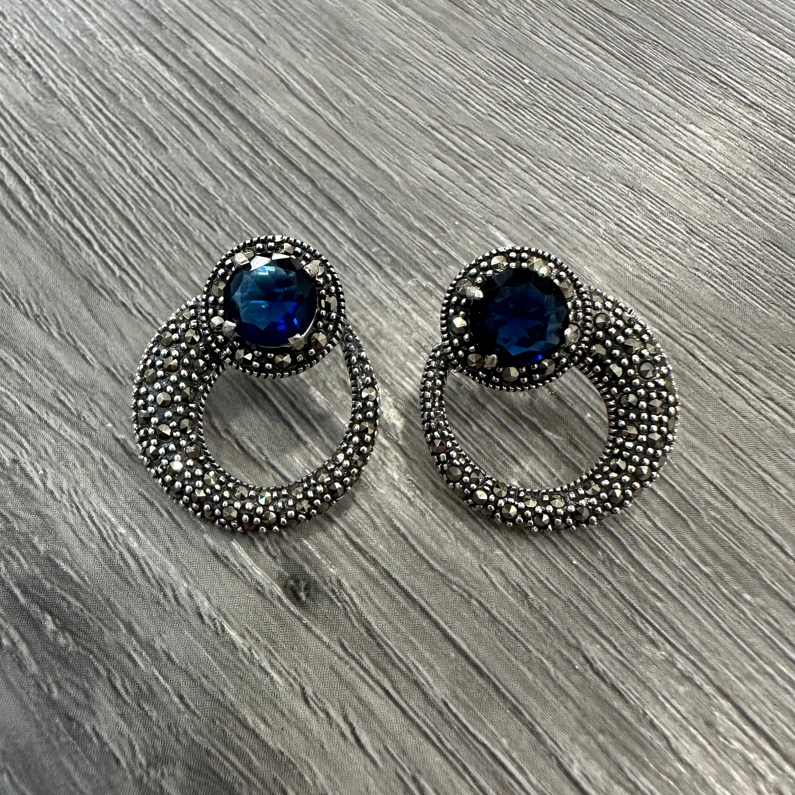 Orecchini Vintage in Argento 925 con Zircone Blu e Marcassite
