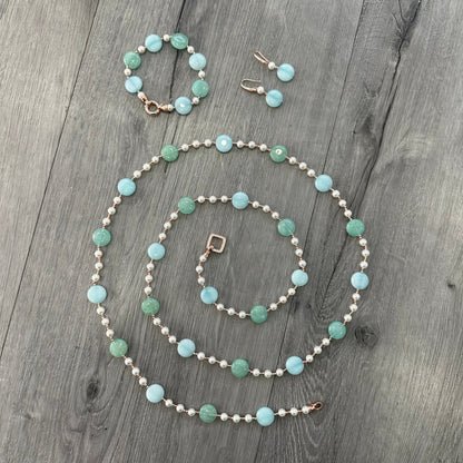 Collana in Argento Rosato con Perle, Giada Verde e Azzurra e Marcasite Rosa