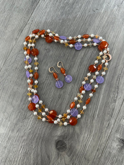 Collana in Giada Viola, Giada Arancio e Corniola con Perle ed Ematite Rosata