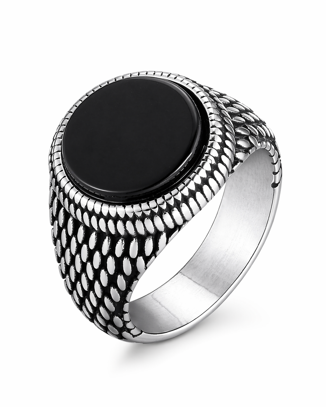 Anello in acciaio con pietra nera lucida e design texturizzato