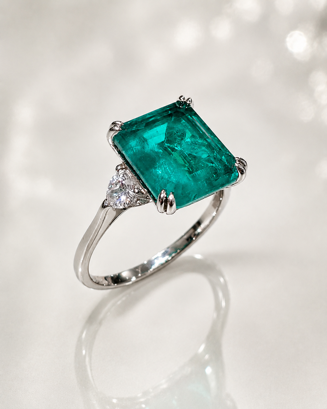     Anello in argento con tormalina Paraiba verde taglio smeraldo su sfondo chiaro elegante