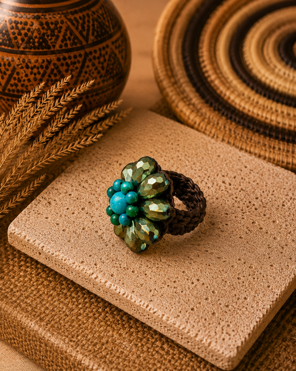 Anello artigianale regolabile con cristalli verde bosco sfaccettati e pietre turchesi su cordino intrecciato in cotone cerato. Ambientazione etnica