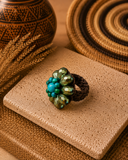 Anello artigianale regolabile con cristalli verde bosco sfaccettati e pietre turchesi su cordino intrecciato in cotone cerato. Ambientazione etnica