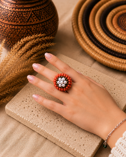 Anello artigianale regolabile con perle naturali, cristalli color corallo e cordino intrecciato in cotone cerato. Indossato