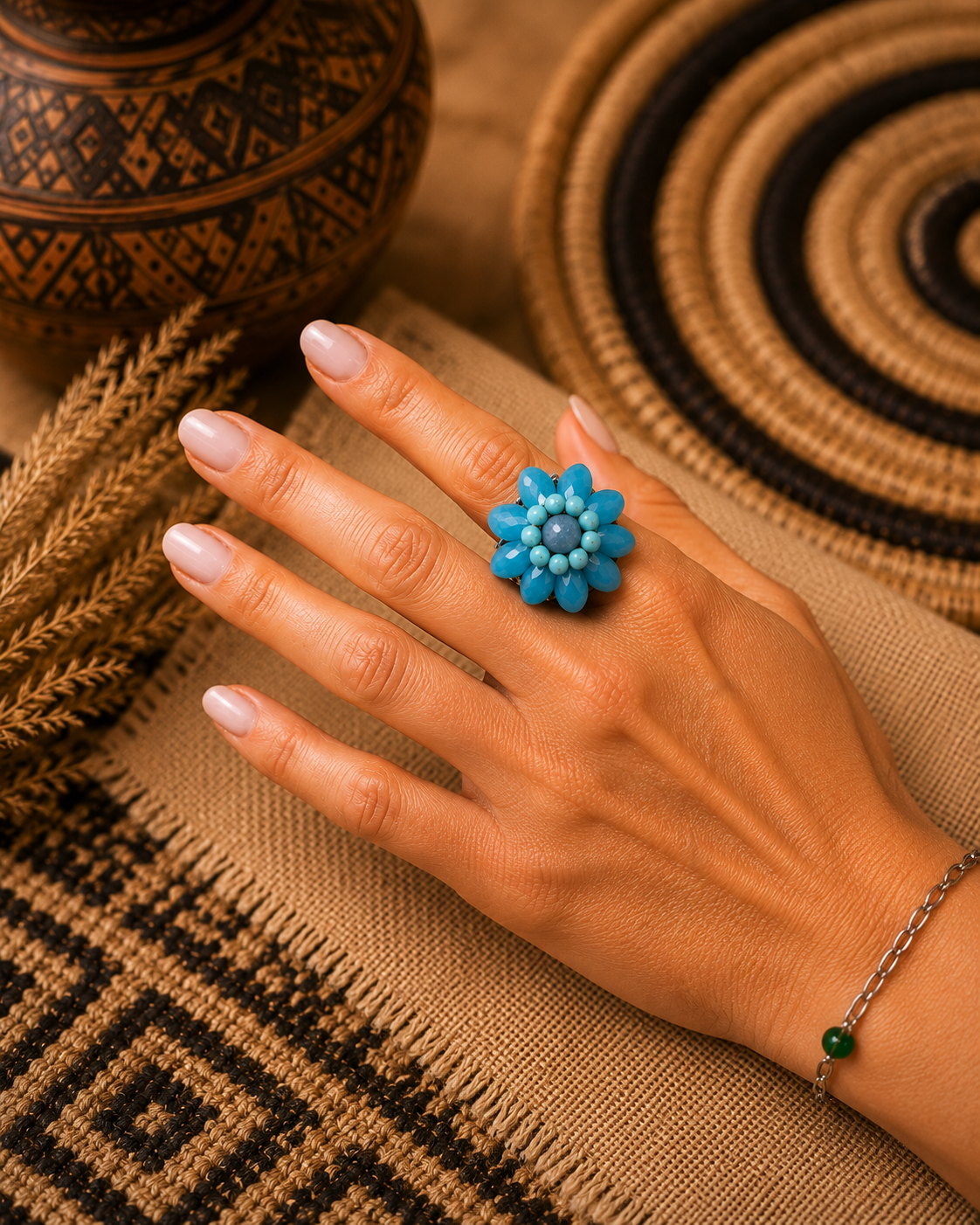 Modella che indossa anello floreale artigianale azzurro con cristalli sfaccettati in ambientazione boho etnica.
