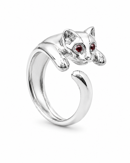 Anello gatto in argento 925 con occhi rossi, anello regolabile dal design moderno e finitura brillante.