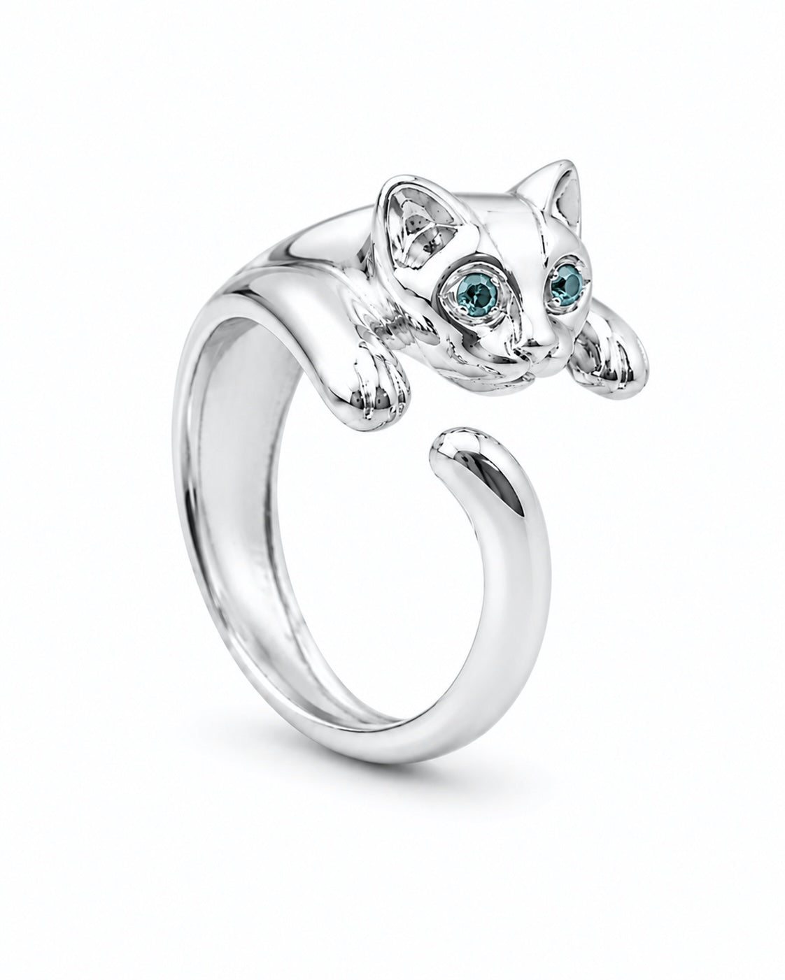 Anello gatto in argento 925 con occhi verde acqua, anello regolabile dal design elegante e finitura lucida.