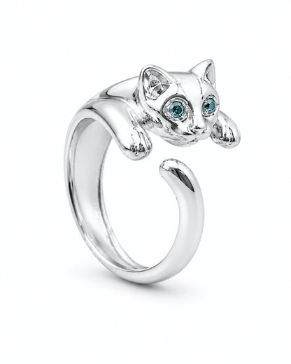 Anello gatto in argento 925 con occhi verde acqua, anello regolabile dal design elegante e finitura lucida.
