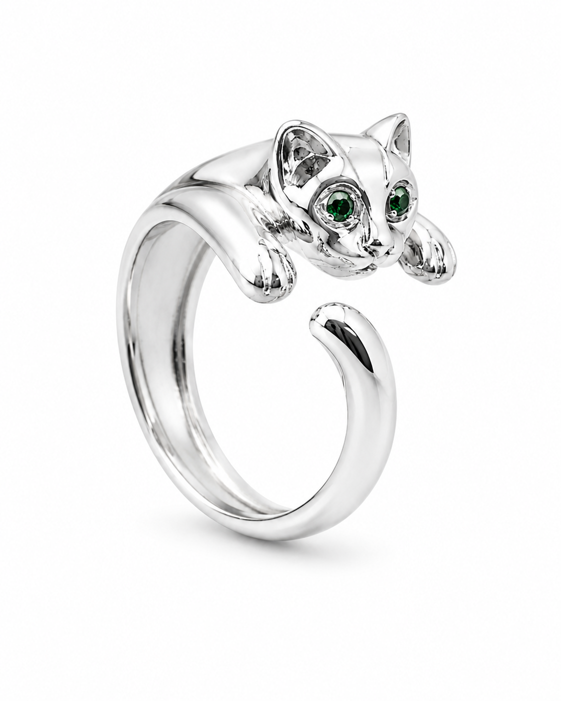 Anello gatto in argento 925 con occhi verdi, anello regolabile dal design originale e finitura lucida.