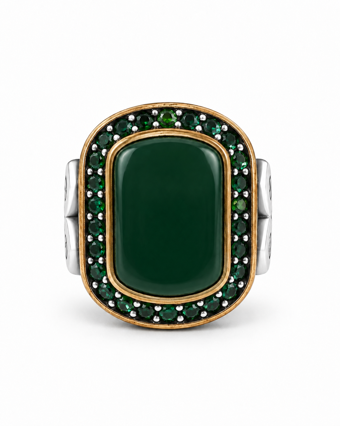 Anello turco in Argento 925 con agata verde e zirconi verdi, vista frontale su fondo bianco