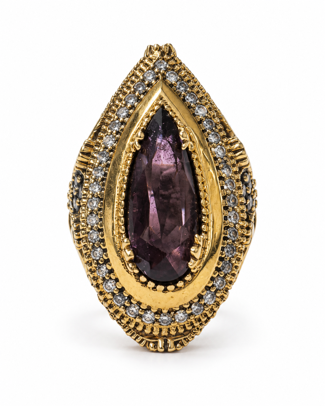 Anello turco in argento 925 con ametista a goccia, zirconi e dettagli dorati, vista frontale su fondo bianco.