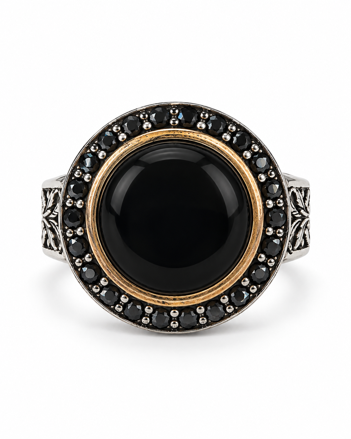     Anello turco in argento 925 con onice e zirconi neri visto frontalmente