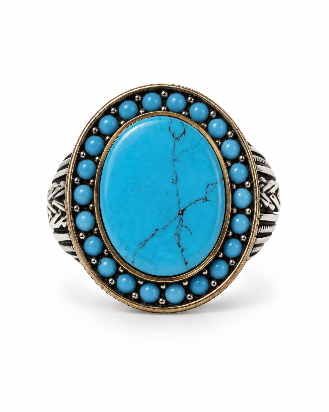 Anello turco in argento 925 con pasta di turchese ovale, vista frontale