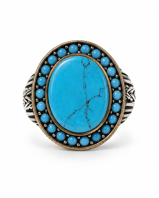 Anello turco in argento 925 con pasta di turchese ovale, vista frontale