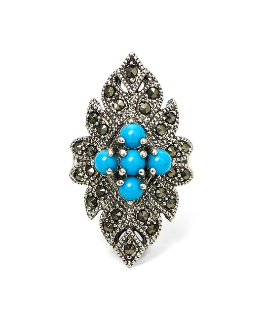 Anello vintage in argento 925 con turchesi naturali e dettagli in marcasite.