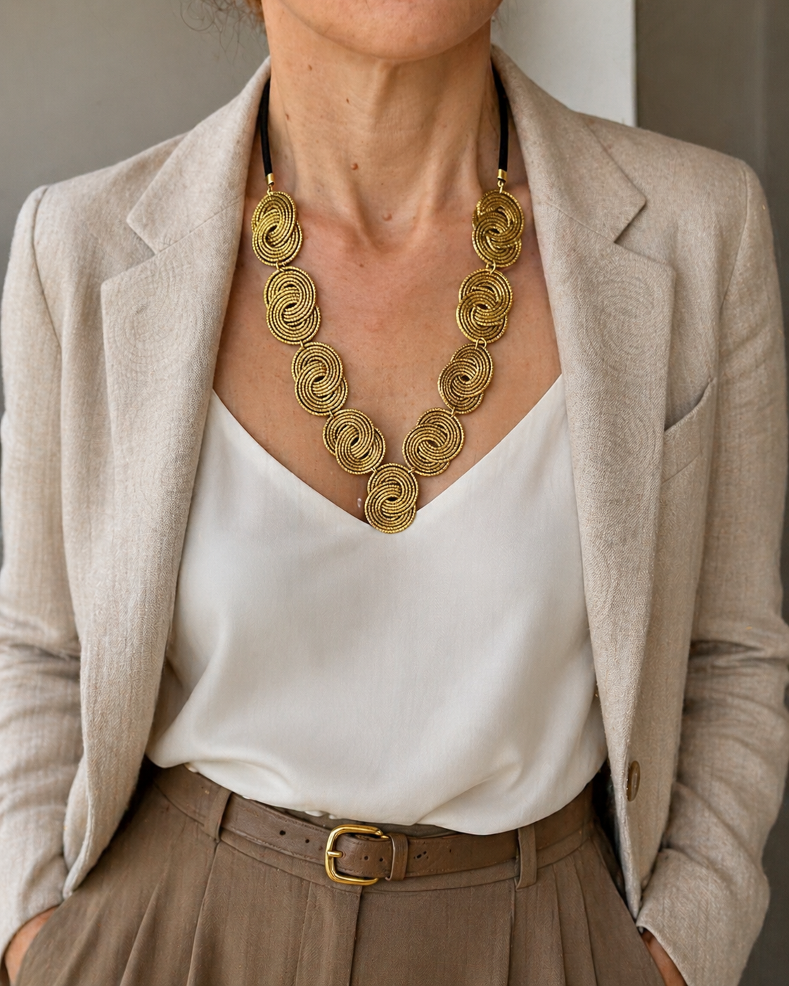 Casual outfit con Collana intrecciata in capim dourado oro vegetale fatta a mano design a spirale Attimi Gioielli
