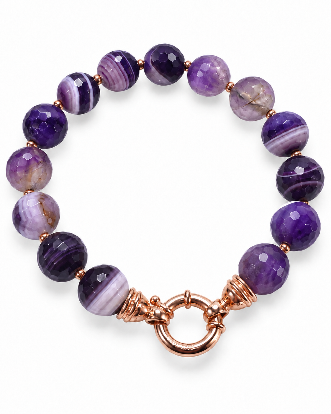     Bracciale artigianale in Agata Brasiliana striata viola con Ematite rosata e chiusura in Argento 925 su fondo bianco
