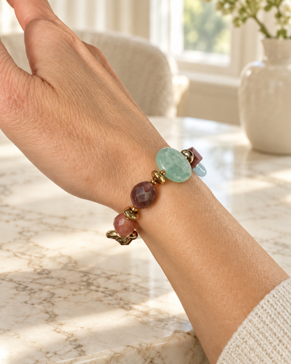 Bracciale in argento dorato con Tormalina, Giada Verde e Azzurra ed Ematite, indossato al polso su un tavolo in marmo chiaro.
