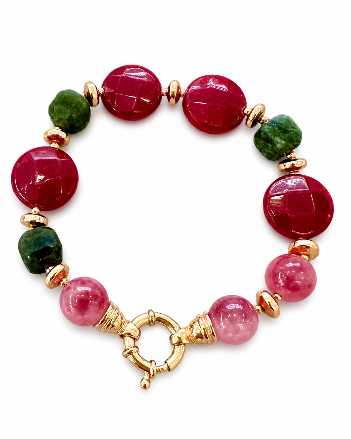 Bracciale artigianale in giada multicolore su sfondo bianco con chiusura in argento 925