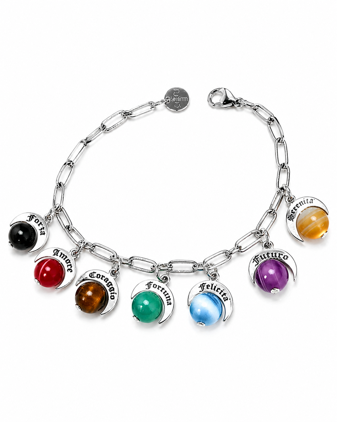 Bracciale Talismani Naja con 7 charms simbolici in argento 925  e pietre naturali colorate incise Serenità, Futuro, Amore, Felicità, Fortuna, Coraggio e Forza.