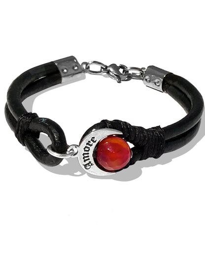 Bracciale Talismano Naja Amore in Argento 925, cuoio nero e Agata di Fuoco