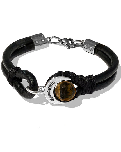 Bracciale Talismano Naja Coraggio in Argento 925, cuoio nero e Occhio di Tigre