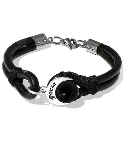 Bracciale Talismano Naja Forza in Argento 925, cuoio nero e Onice