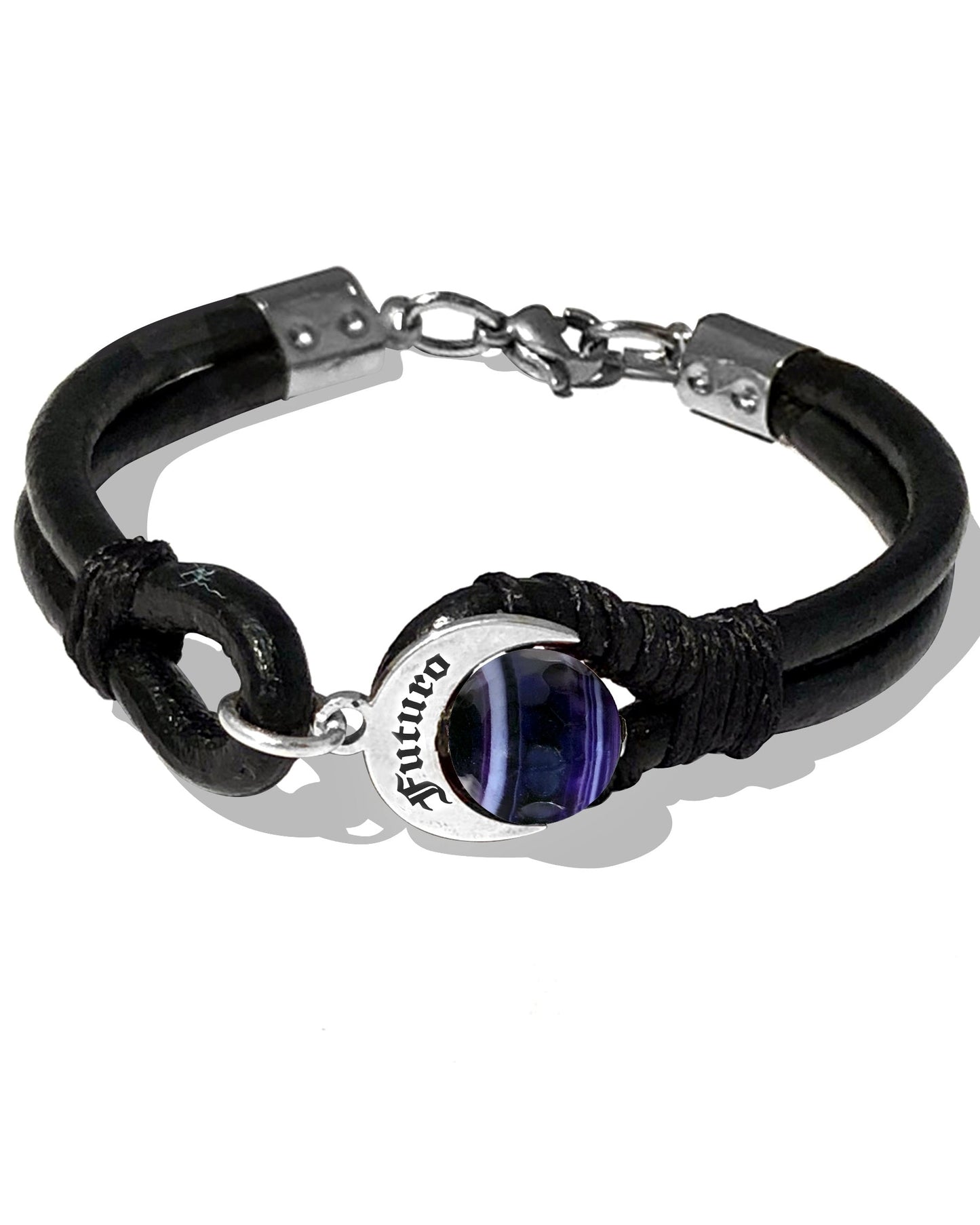 Bracciale Talismano Naja Futuro in Argento 925, cuoio nero e Agata Viola