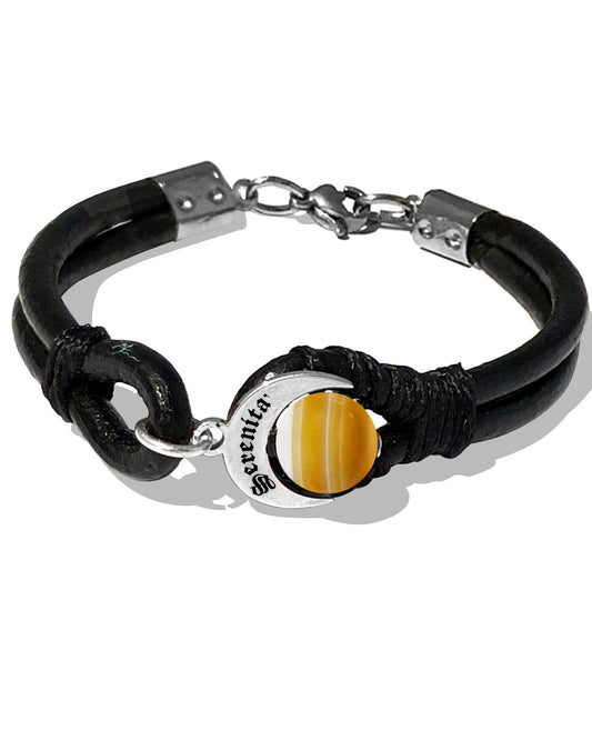 Bracciale Talismano Naja Serenità in Argento 925, cuoio nero e Agata Gialla