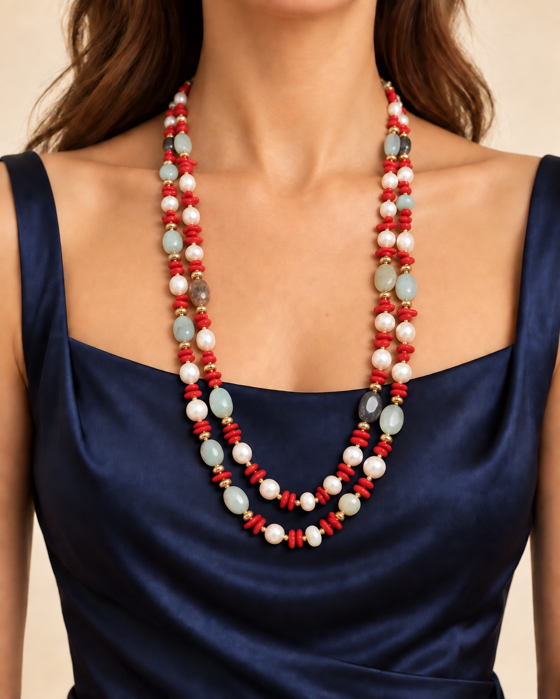 Collana lunga in amazzonite, corallo e perle naturali indossata a due giri su abito blu scuro.
