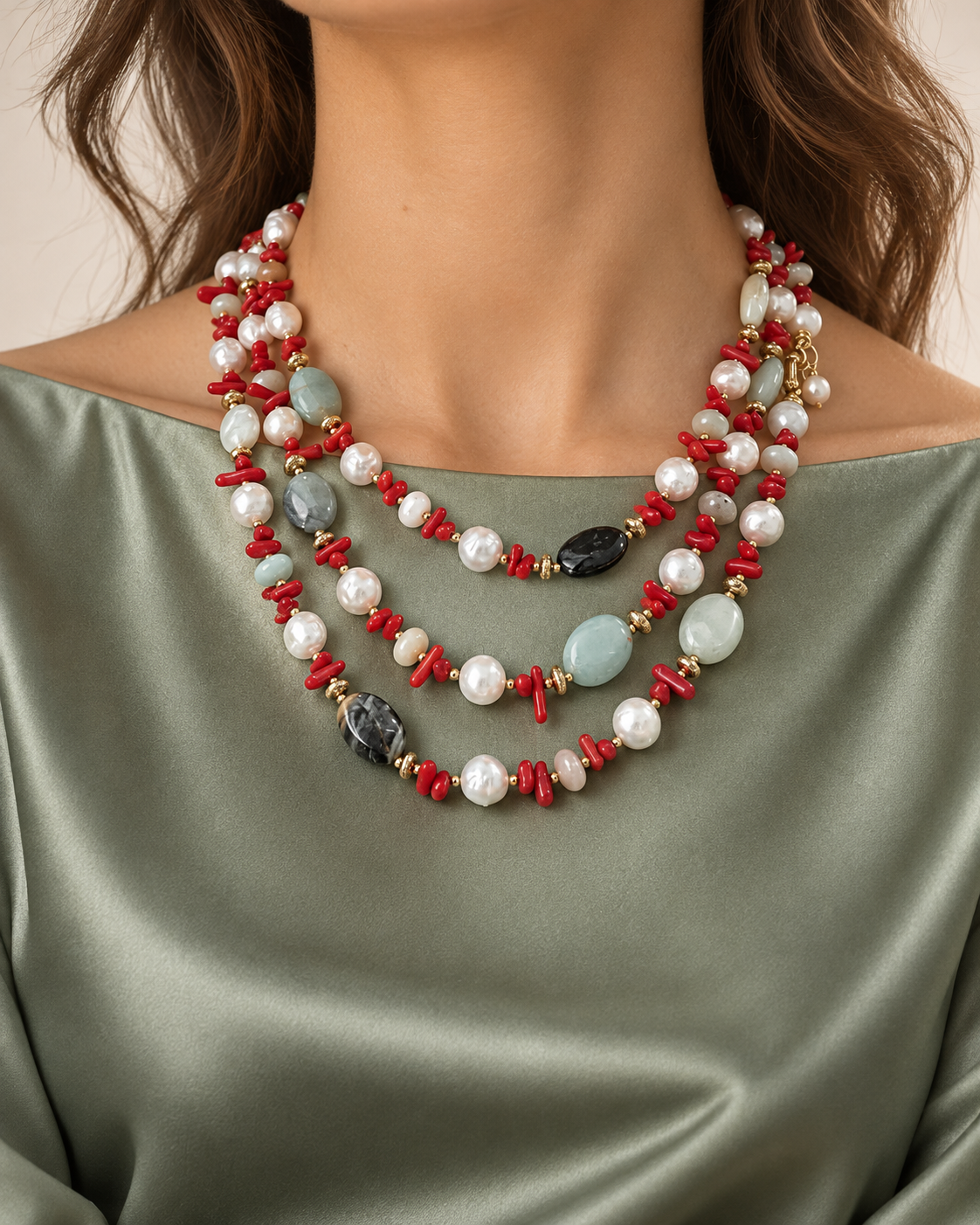 Collana in amazzonite, corallo e perle naturali indossata a tre giri su abito verde salvia