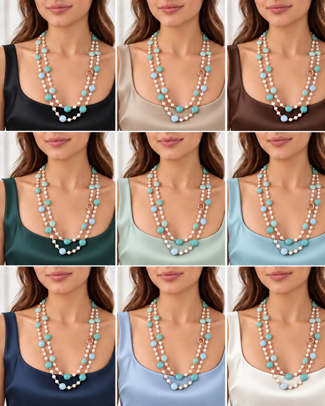 Collage di nove abbinamenti della collana in argento con Giada azzurra e verde ed Ematite, indossata a doppio giro su abiti di diversi colori.