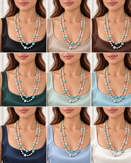 Collage di nove abbinamenti della collana in argento con Giada azzurra e verde ed Ematite, indossata a doppio giro su abiti di diversi colori.