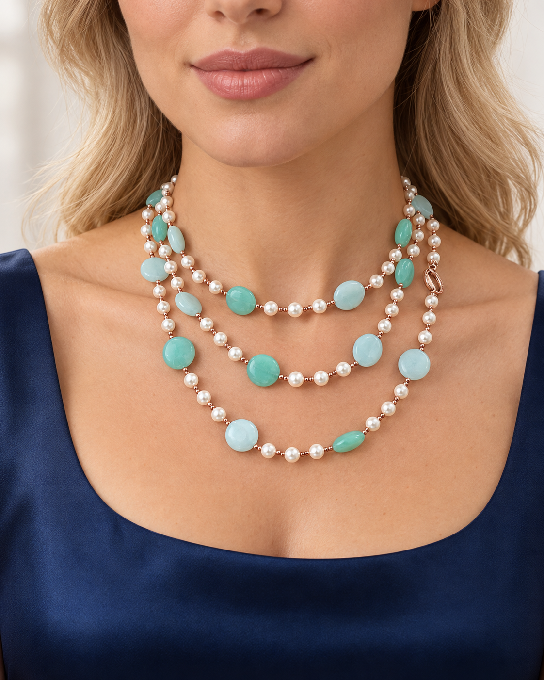 Collana in argento con Giada azzurra e verde ed Ematite, indossata a tre giri da una modella con abito blu.