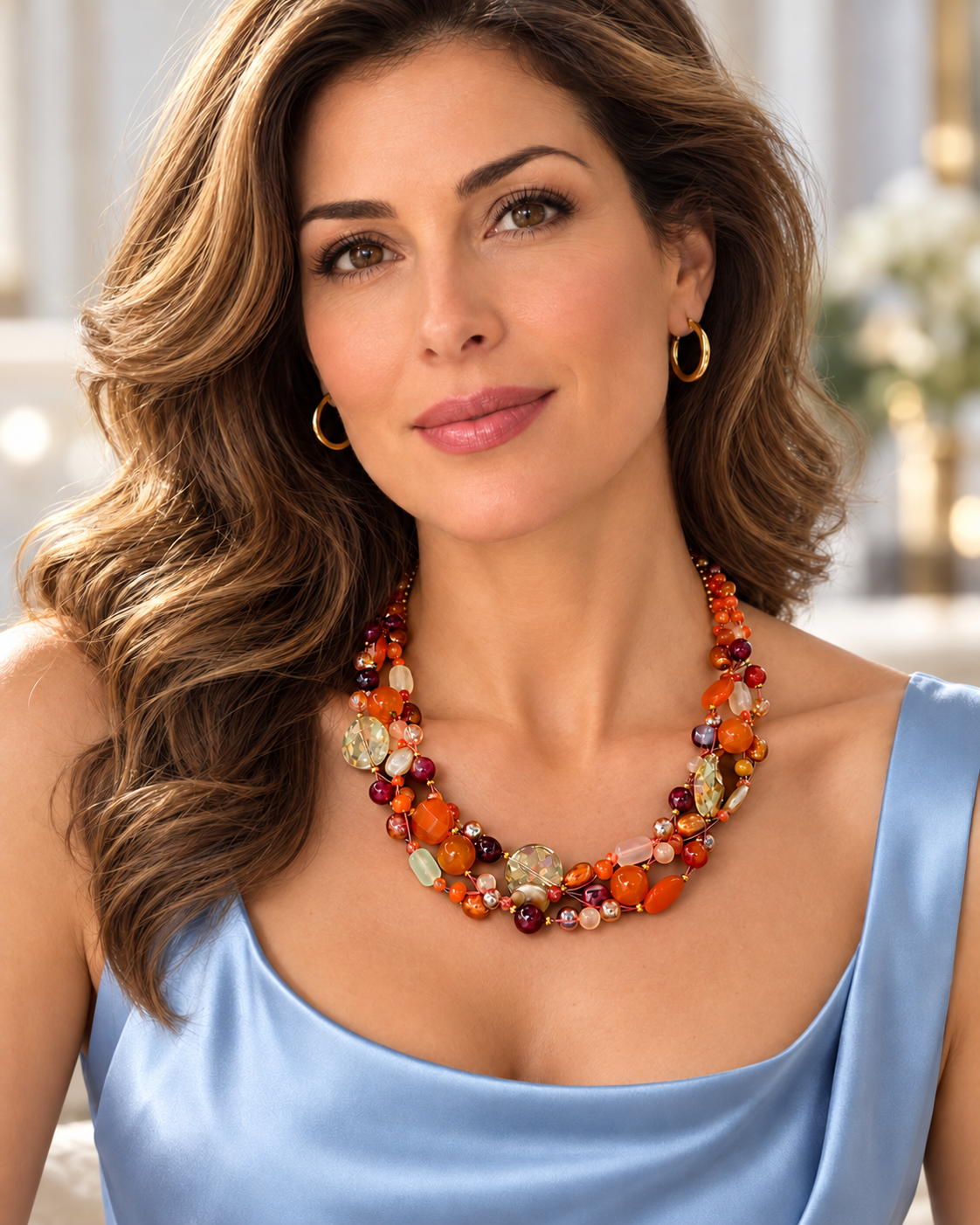 Collana artigianale intrecciata indossata su modella, gioiello con pietre naturali arancio, perle e cristalli, effetto elegante e luminoso