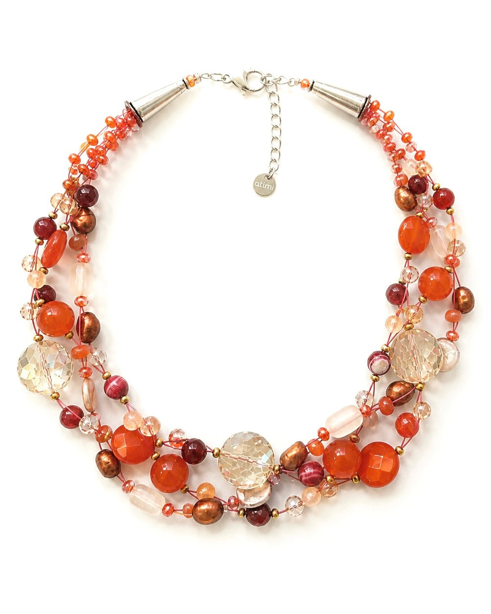 Collana artigianale intrecciata con pietre naturali nei toni arancio, perle e cristalli, design multistrato elegante