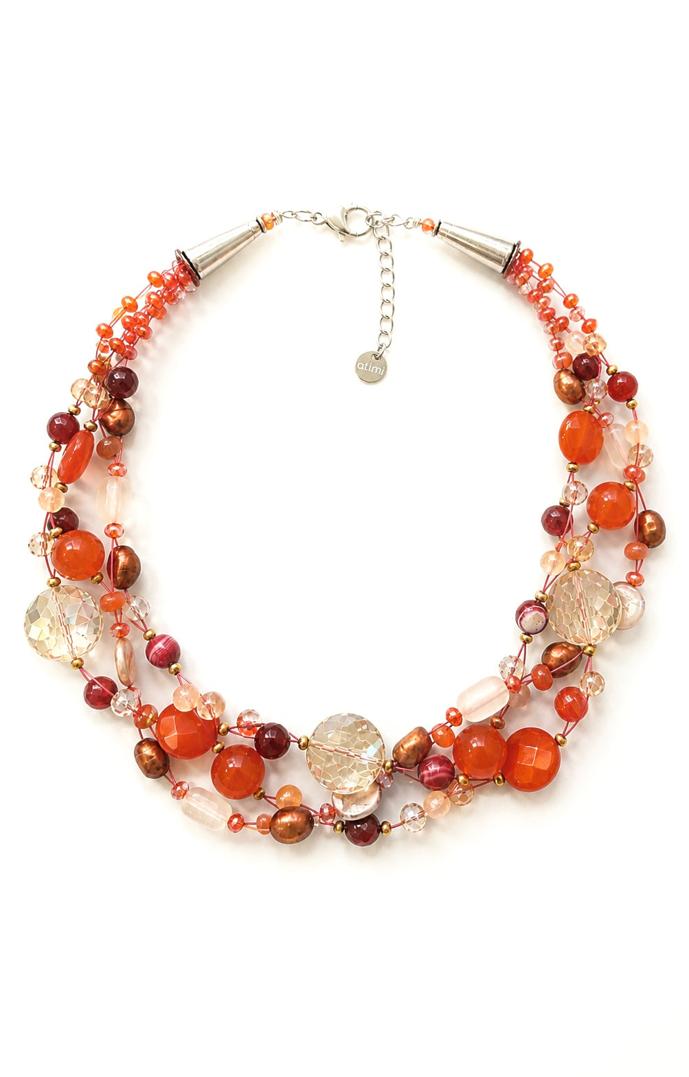 Collana artigianale intrecciata con pietre naturali nei toni arancio, perle e cristalli, design multistrato elegante