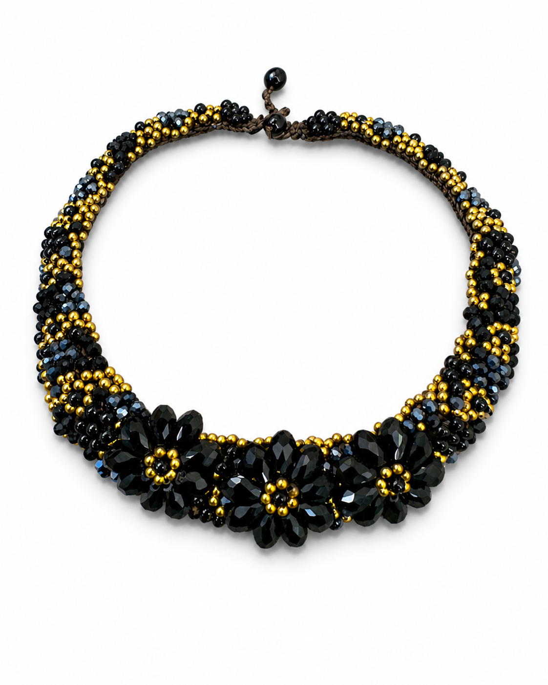 Collana Artigianale Nero & Oro Intrecciata con Fiori in Cristallo